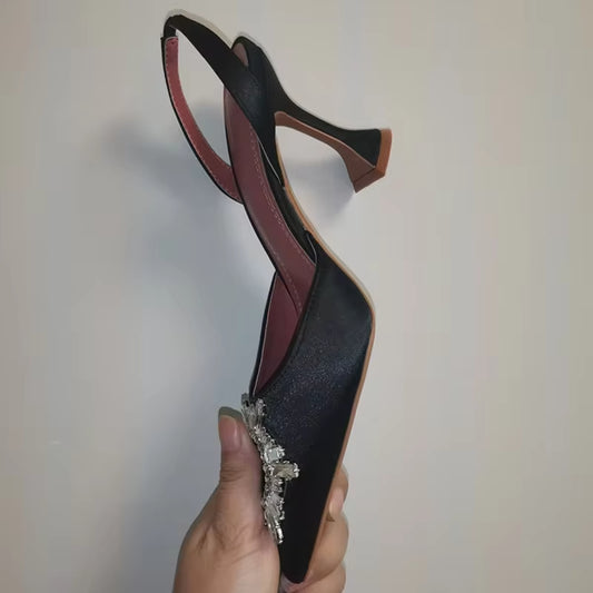 2025 Brand Women Pumps Luxury Crystal Slingback High Heels Summer Bride Shoes Comfortable Triangle Heeled Party Wedding Shoes